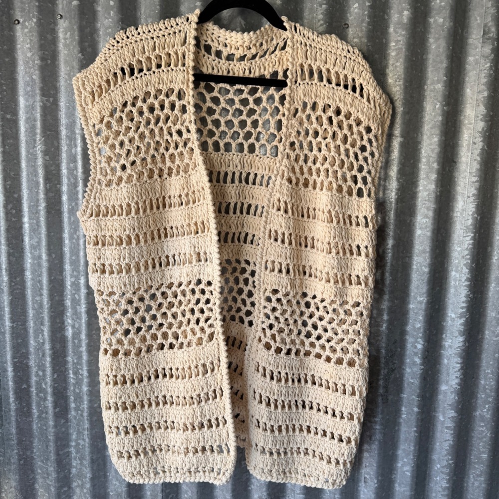 Handmade Crochet Vest Cream Open Knit Boho Sleeveless Cardigan Beach Festival L